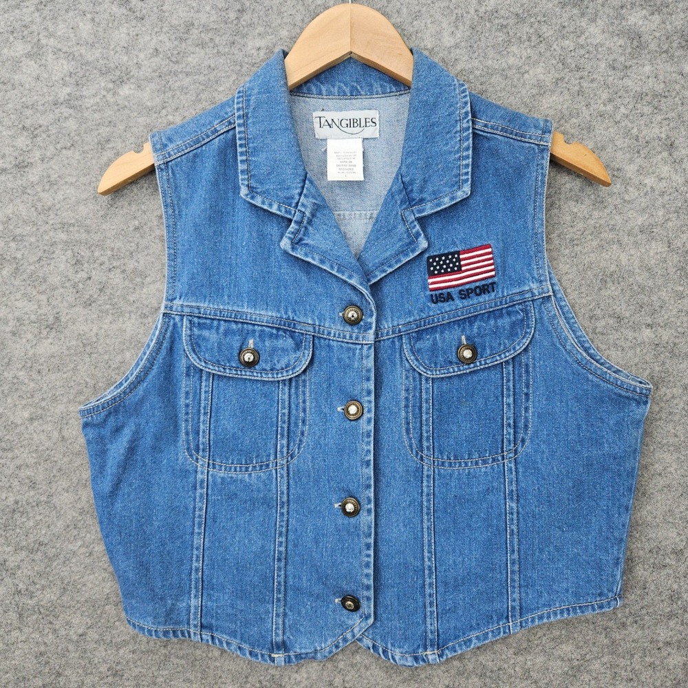 Tangibles Denim Vest Women's Large Blue USA Sport American Flag Patch Button Up